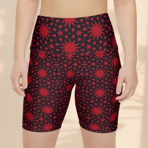 Red Spiral Stars Workout Shorts with Red Star Design