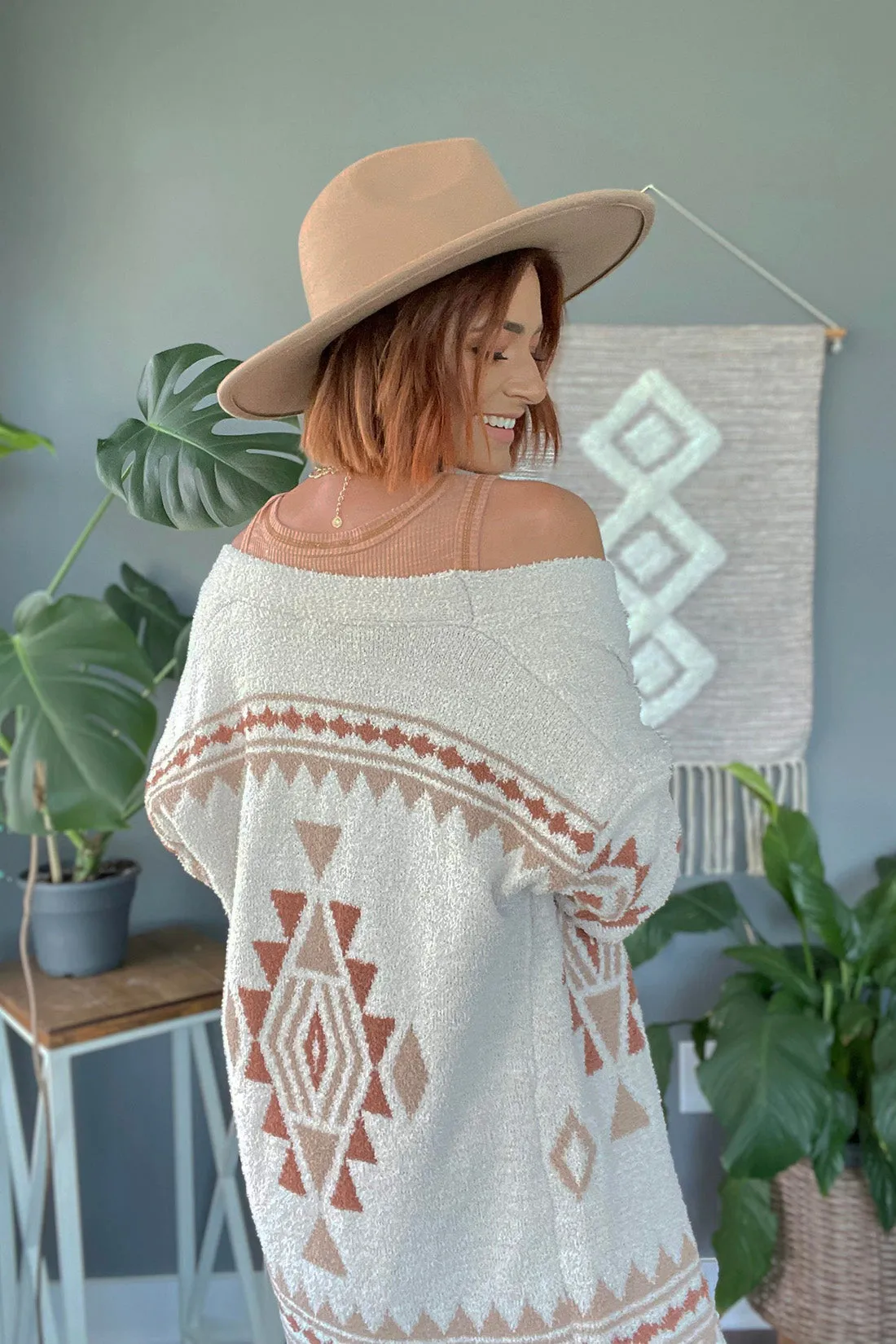 Roam Wild Aztec Print Fuzzy Knit Cardigan- Cream