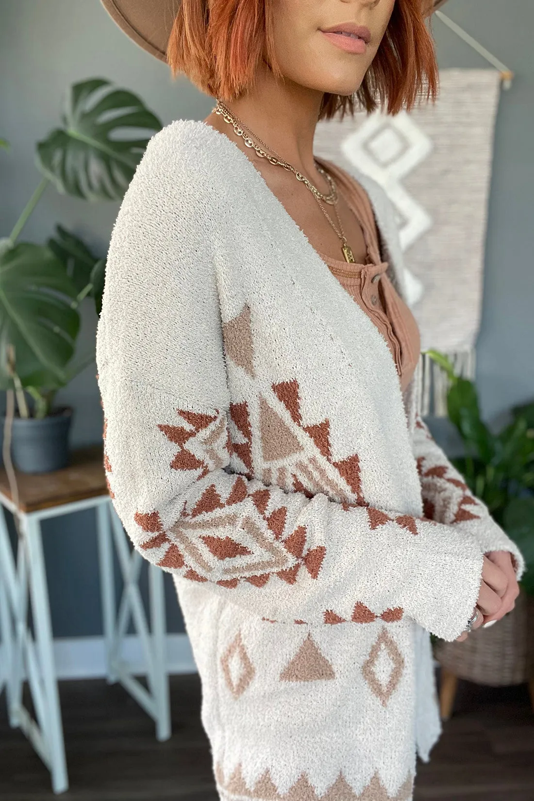 Roam Wild Aztec Print Fuzzy Knit Cardigan- Cream