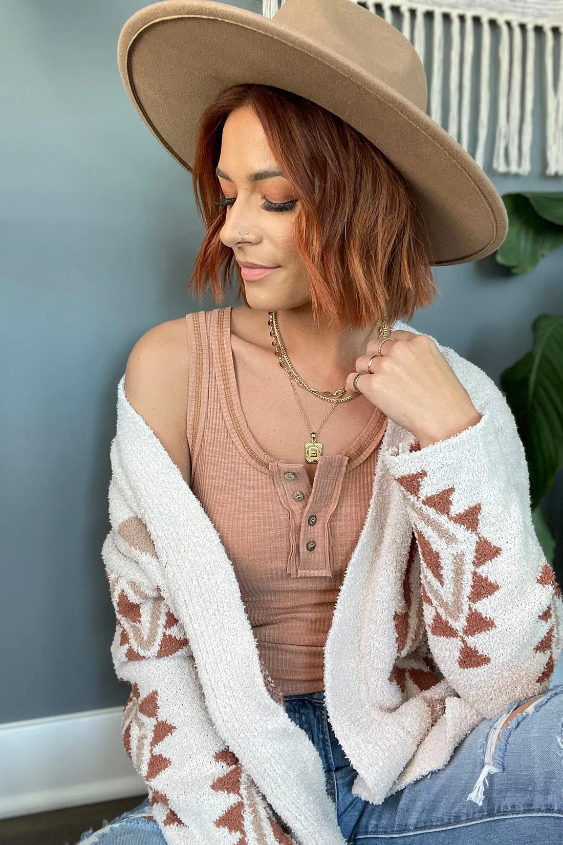 Roam Wild Aztec Print Fuzzy Knit Cardigan- Cream