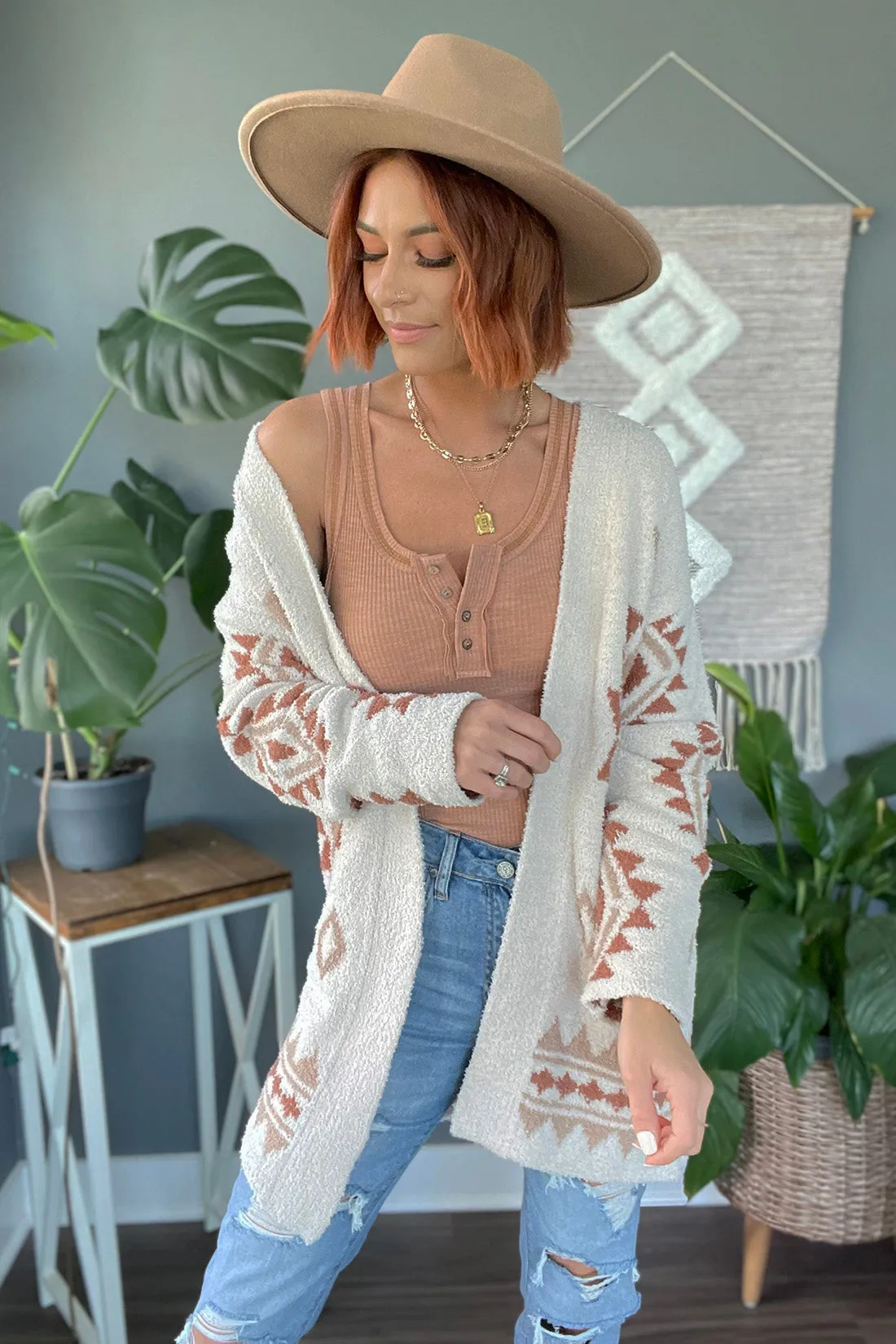 Roam Wild Aztec Print Fuzzy Knit Cardigan- Cream