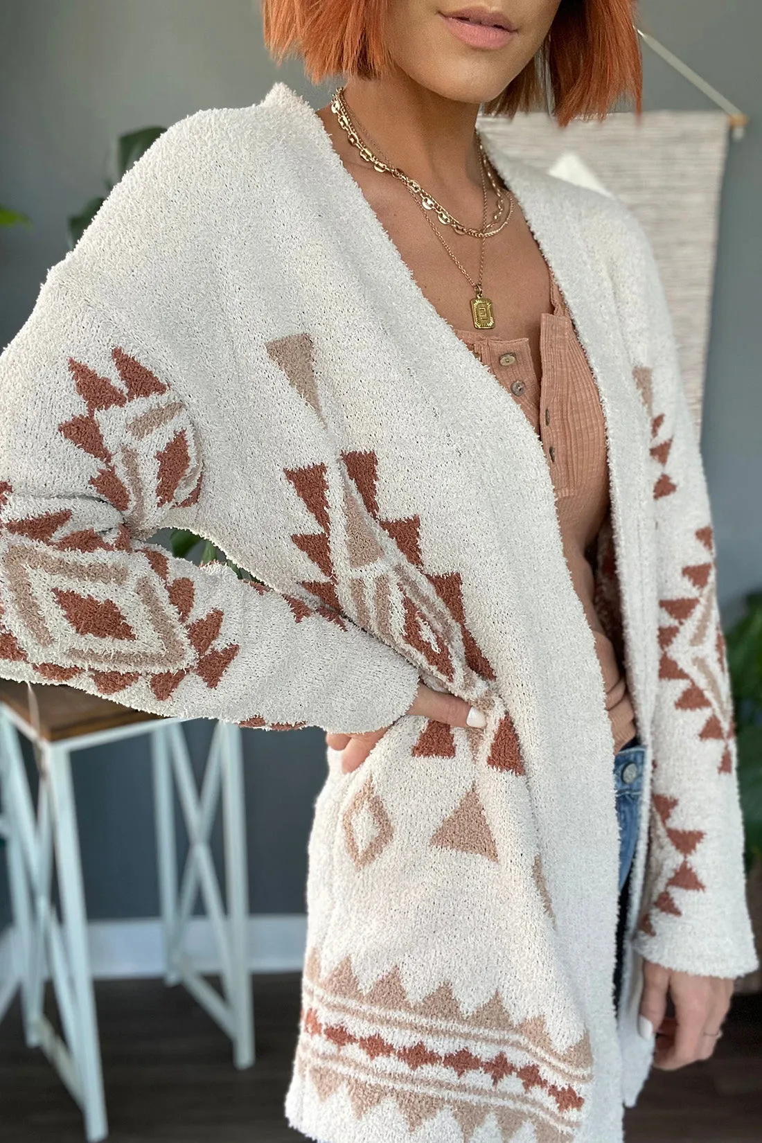 Roam Wild Aztec Print Fuzzy Knit Cardigan- Cream