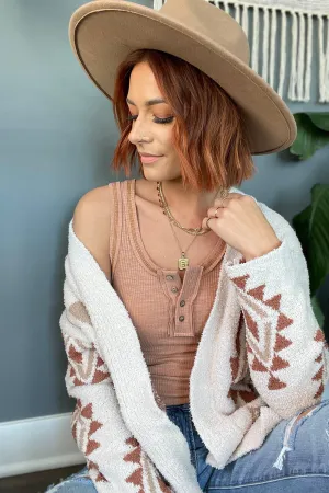 Roam Wild Aztec Print Fuzzy Knit Cardigan- Cream
