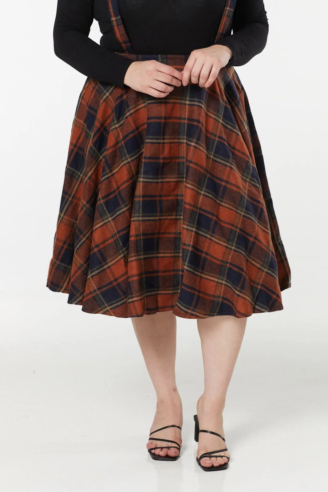 Sophie Woollen Swing Skirt Navy and Rust Check with braces