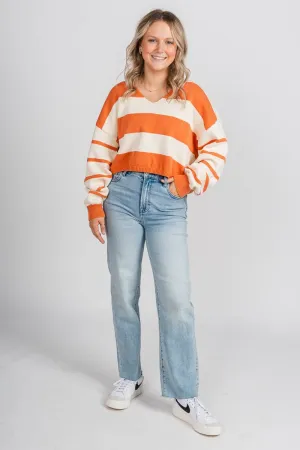Striped long sleeve sweater cream/rust