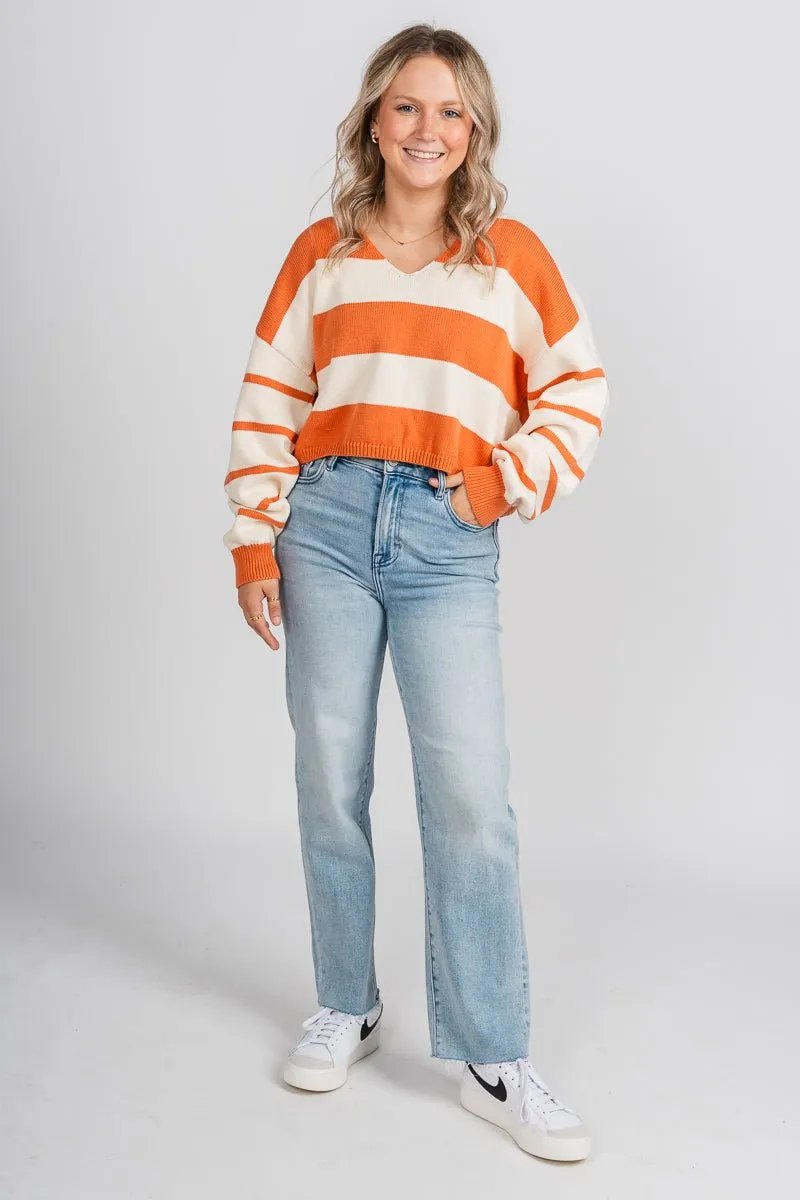 Striped long sleeve sweater cream/rust