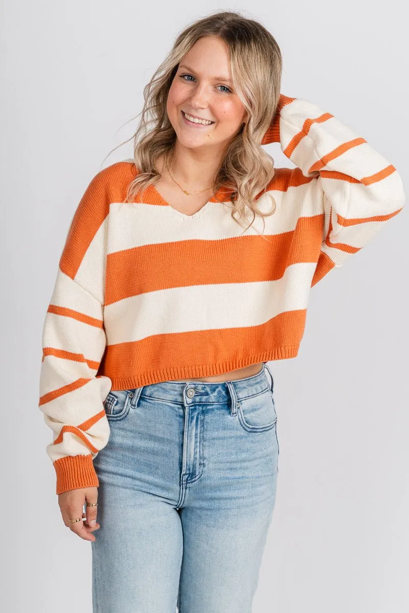 Striped long sleeve sweater cream/rust
