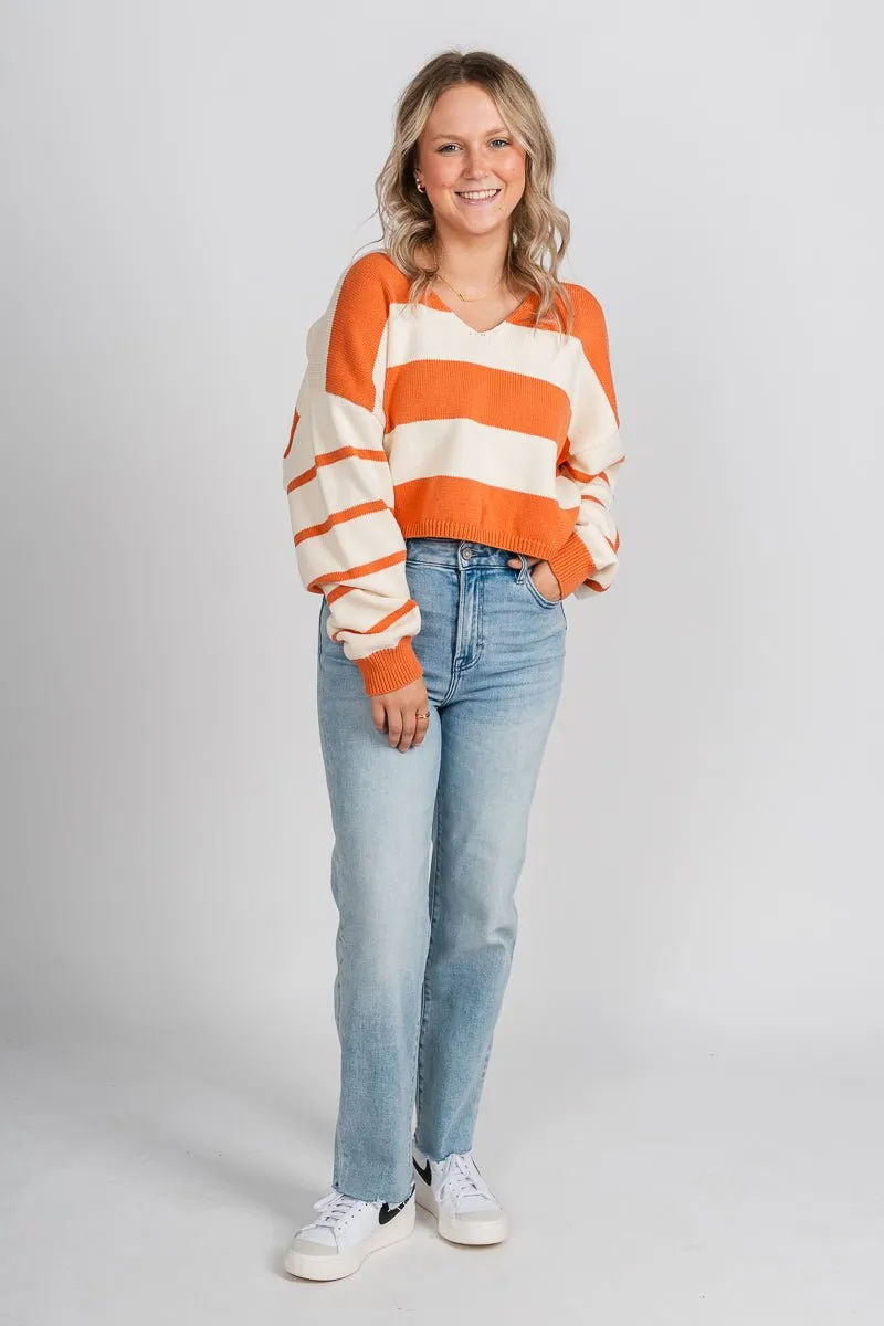 Striped long sleeve sweater cream/rust