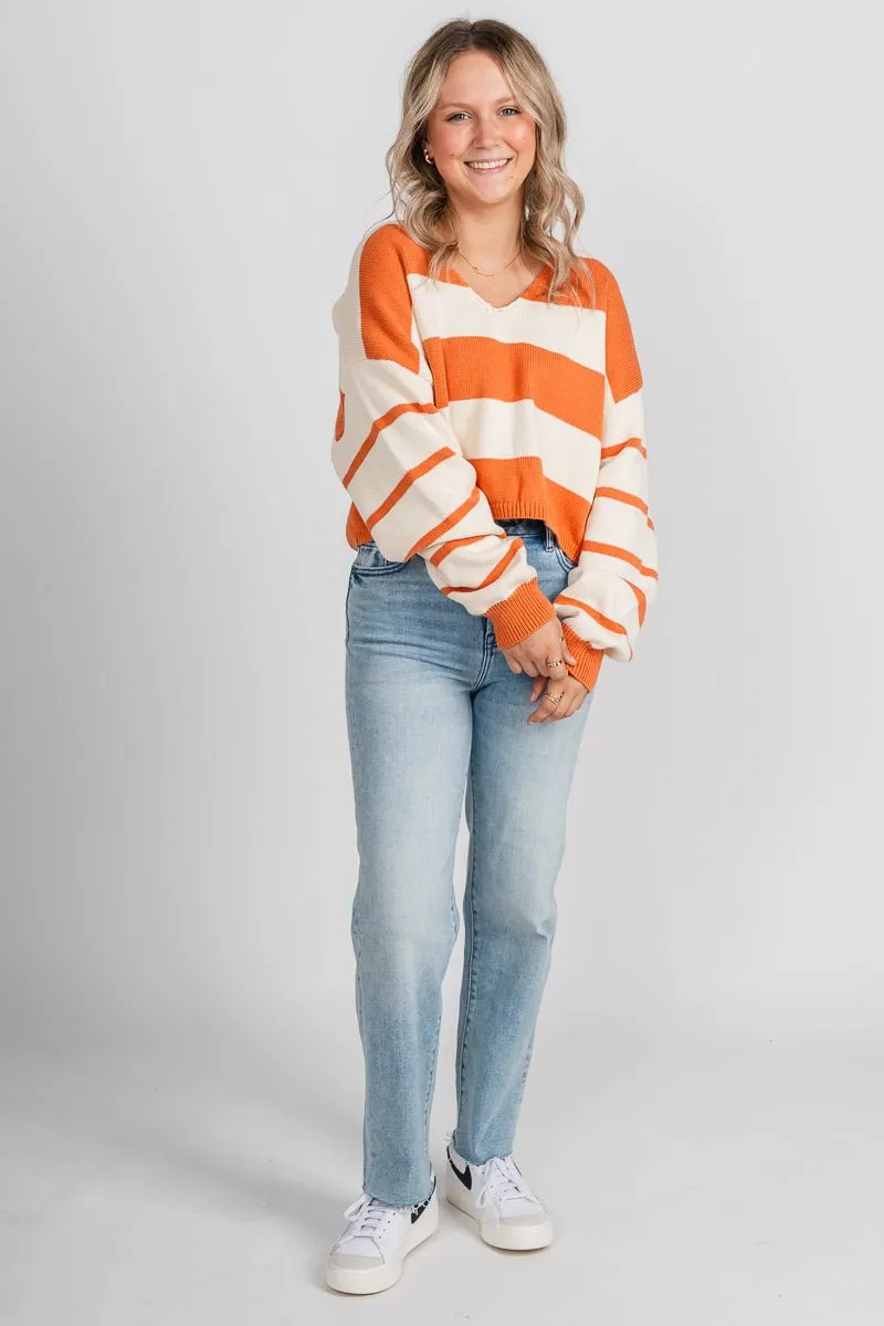 Striped long sleeve sweater cream/rust