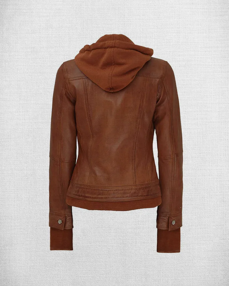 Stylish Brown Leather Bomber Jacket with Hood