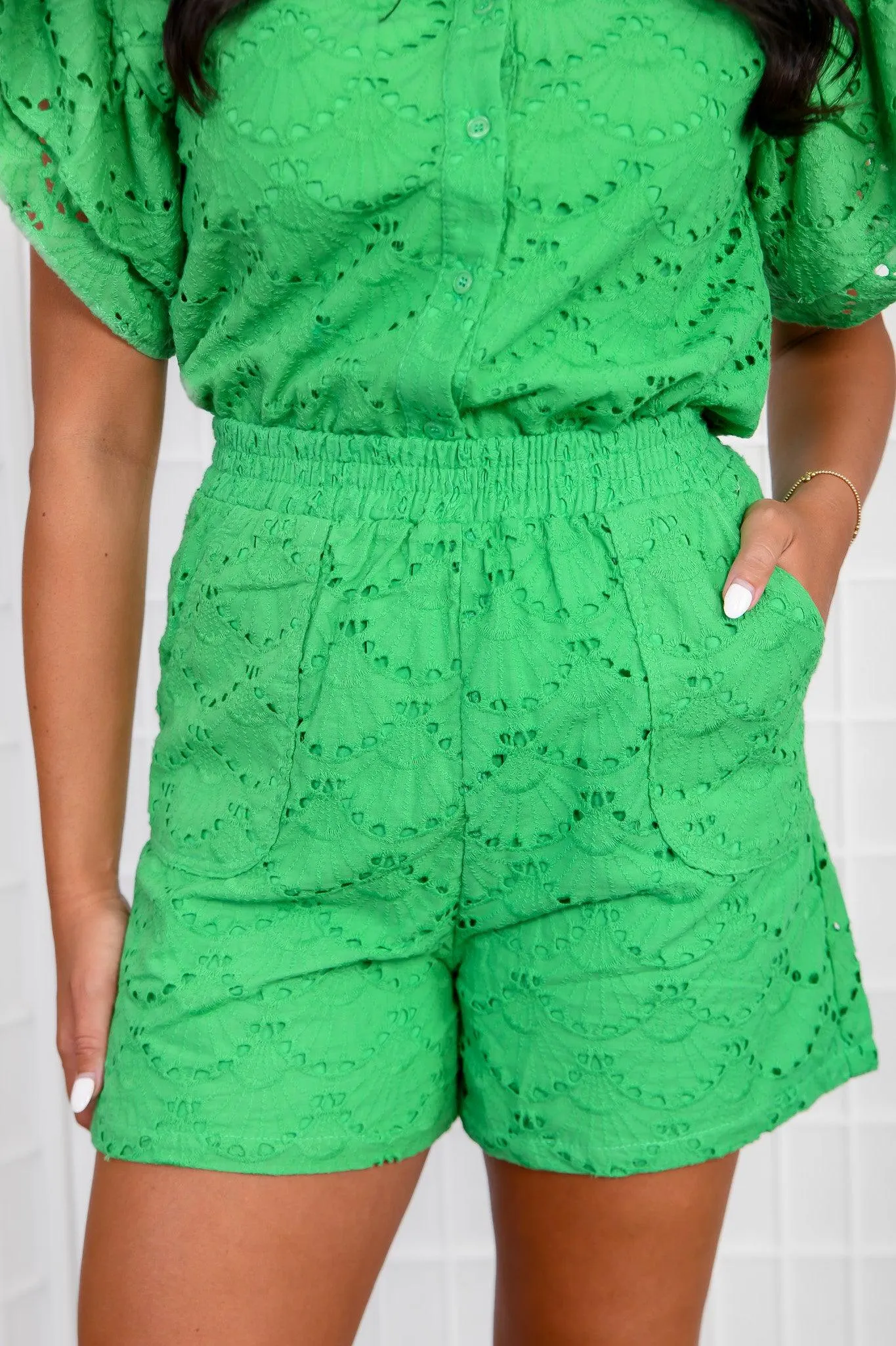 Sweeter than Ever Green Eyelet Lace High-Waisted Shorts