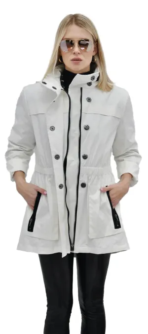 The Eliza Rain Jacket in White with Black Trim