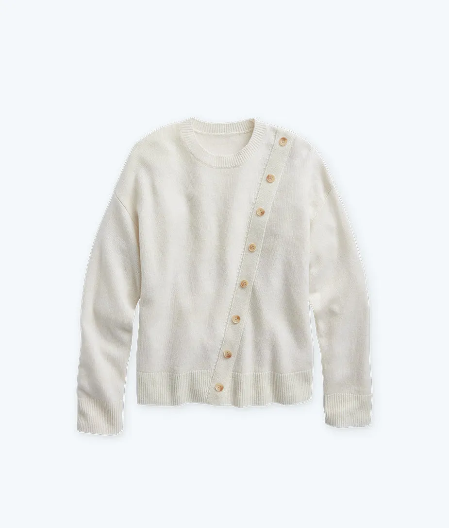 The Luxe Cashmere Blend Button Crewneck - White Sand