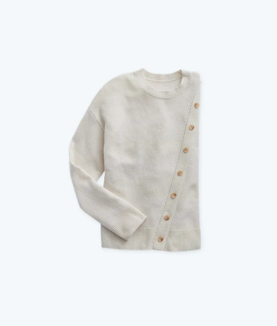 The Luxe Cashmere Blend Button Crewneck - White Sand