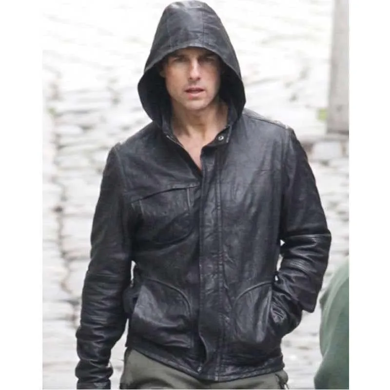 Tom Cruise  M.I 4 Ghost Protocol Black Hoddie Stylish Leahter Jacket by TJS