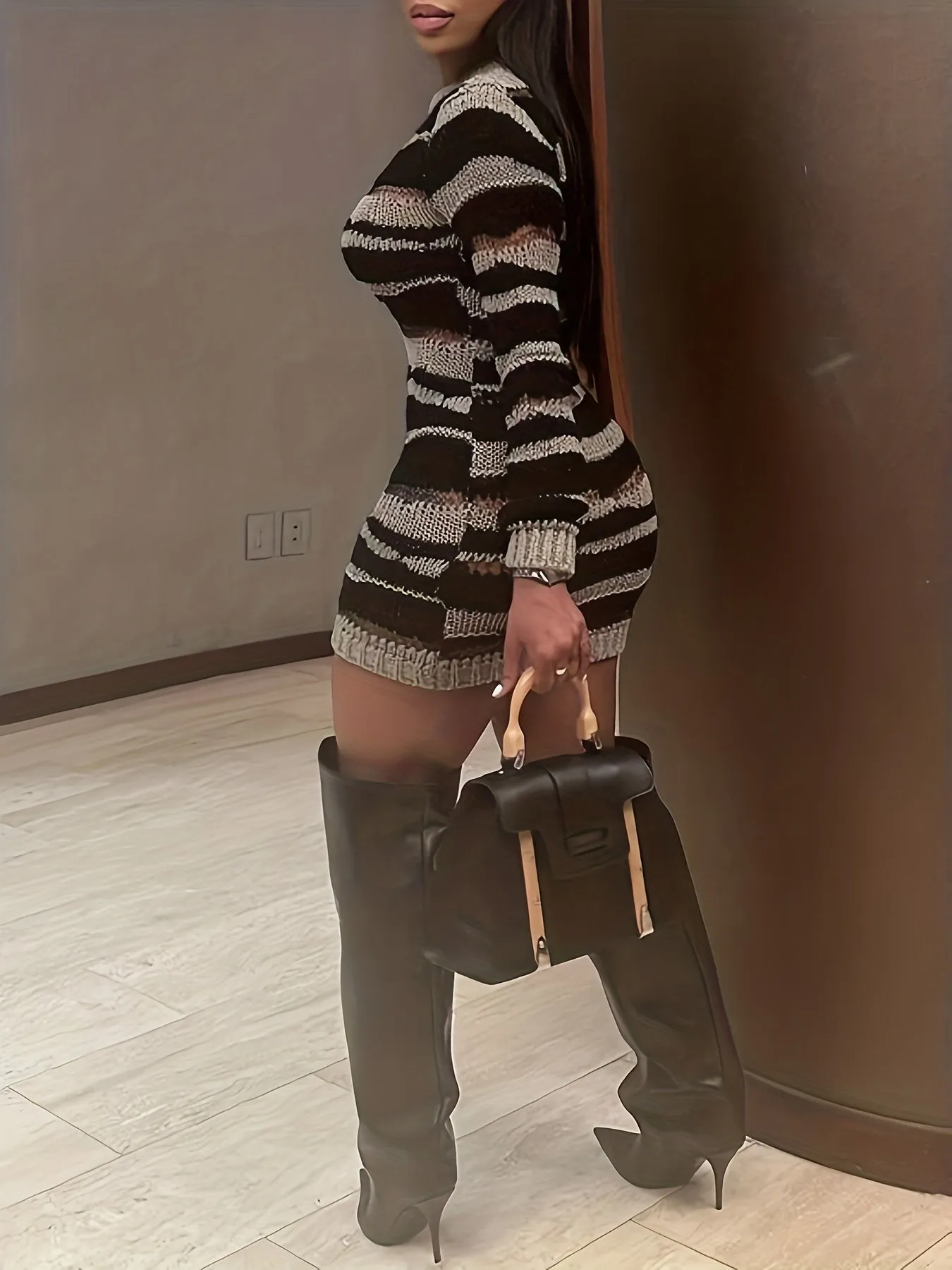 Two Tone Knit  Classy Casual Crew Neck Dress