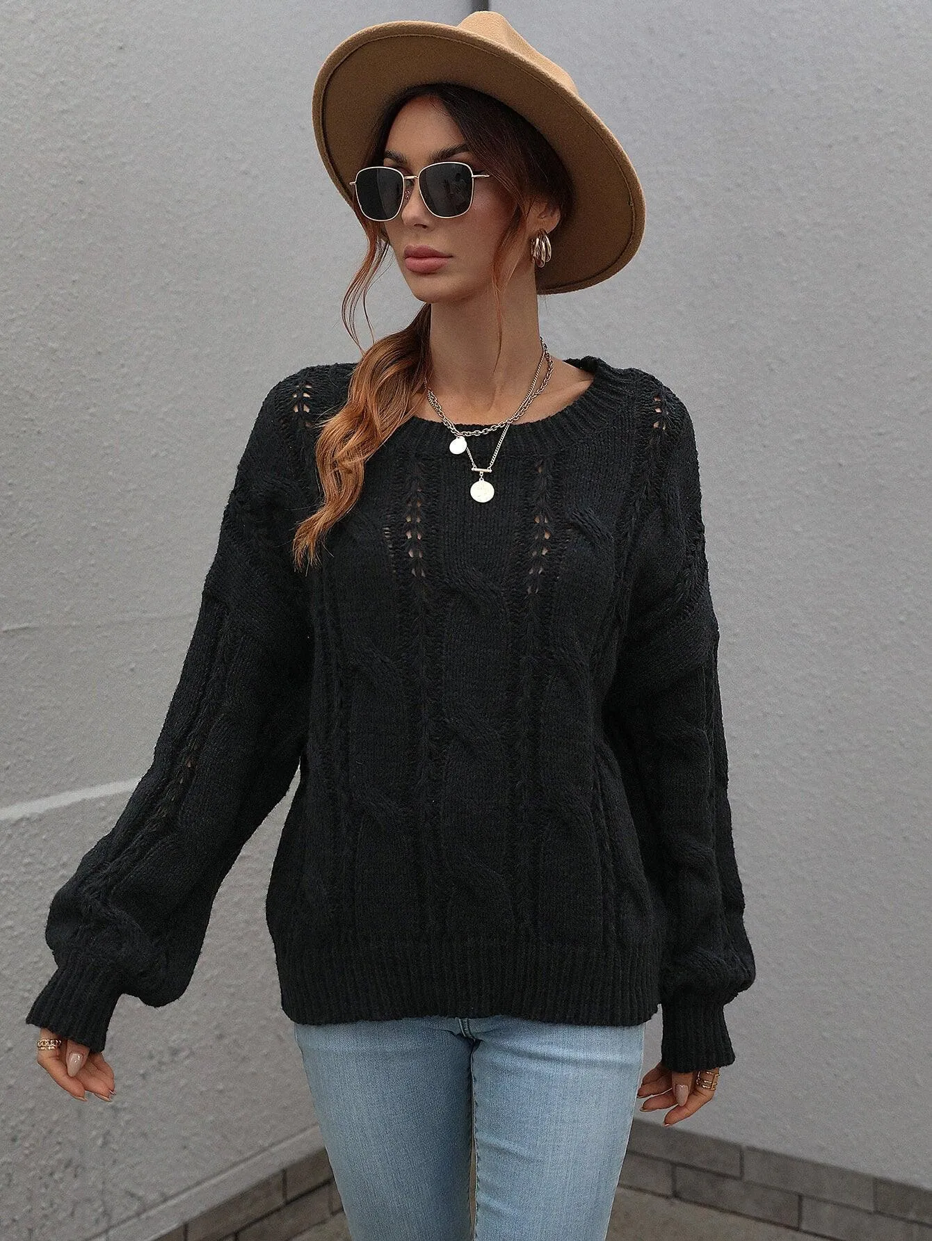 Warm Sophistication Crew Neck Cable Knit Sweater