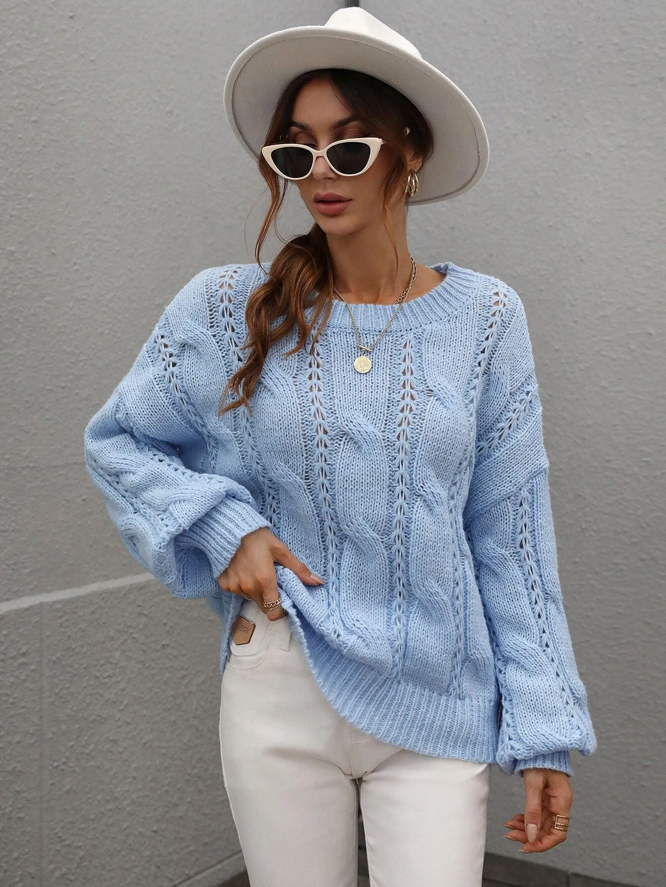 Warm Sophistication Crew Neck Cable Knit Sweater