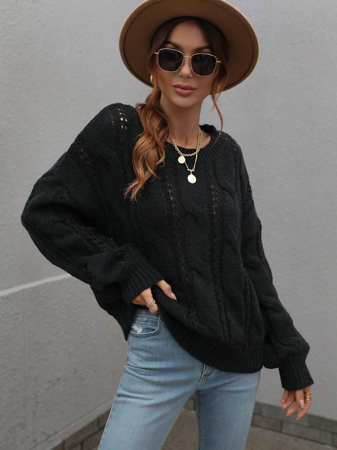 Warm Sophistication Crew Neck Cable Knit Sweater