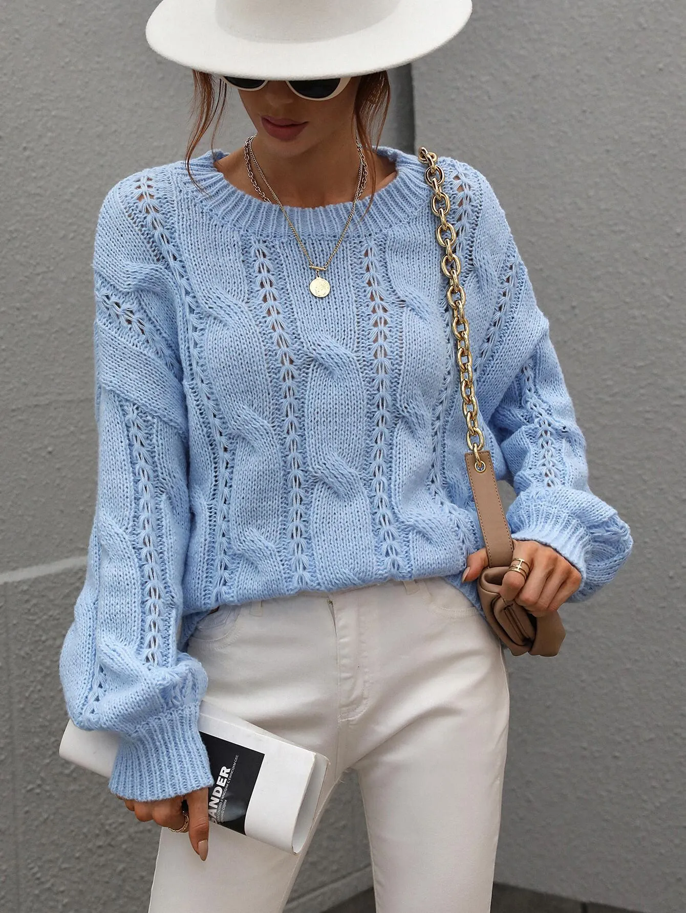 Warm Sophistication Crew Neck Cable Knit Sweater