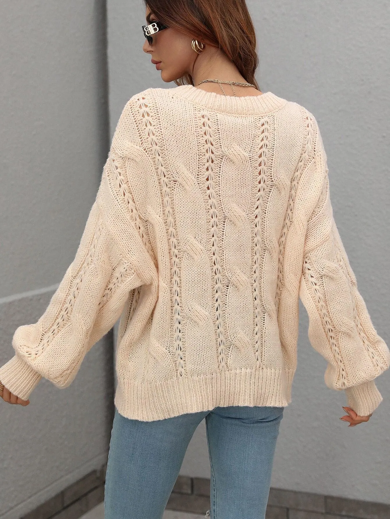 Warm Sophistication Crew Neck Cable Knit Sweater