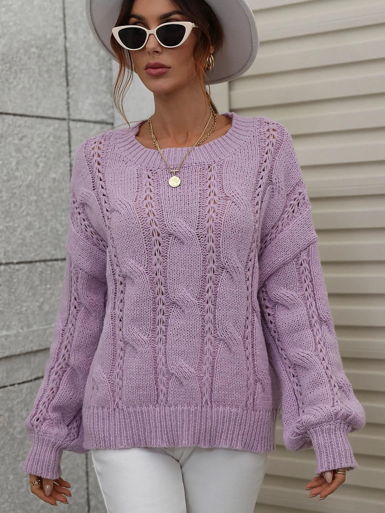 Warm Sophistication Crew Neck Cable Knit Sweater