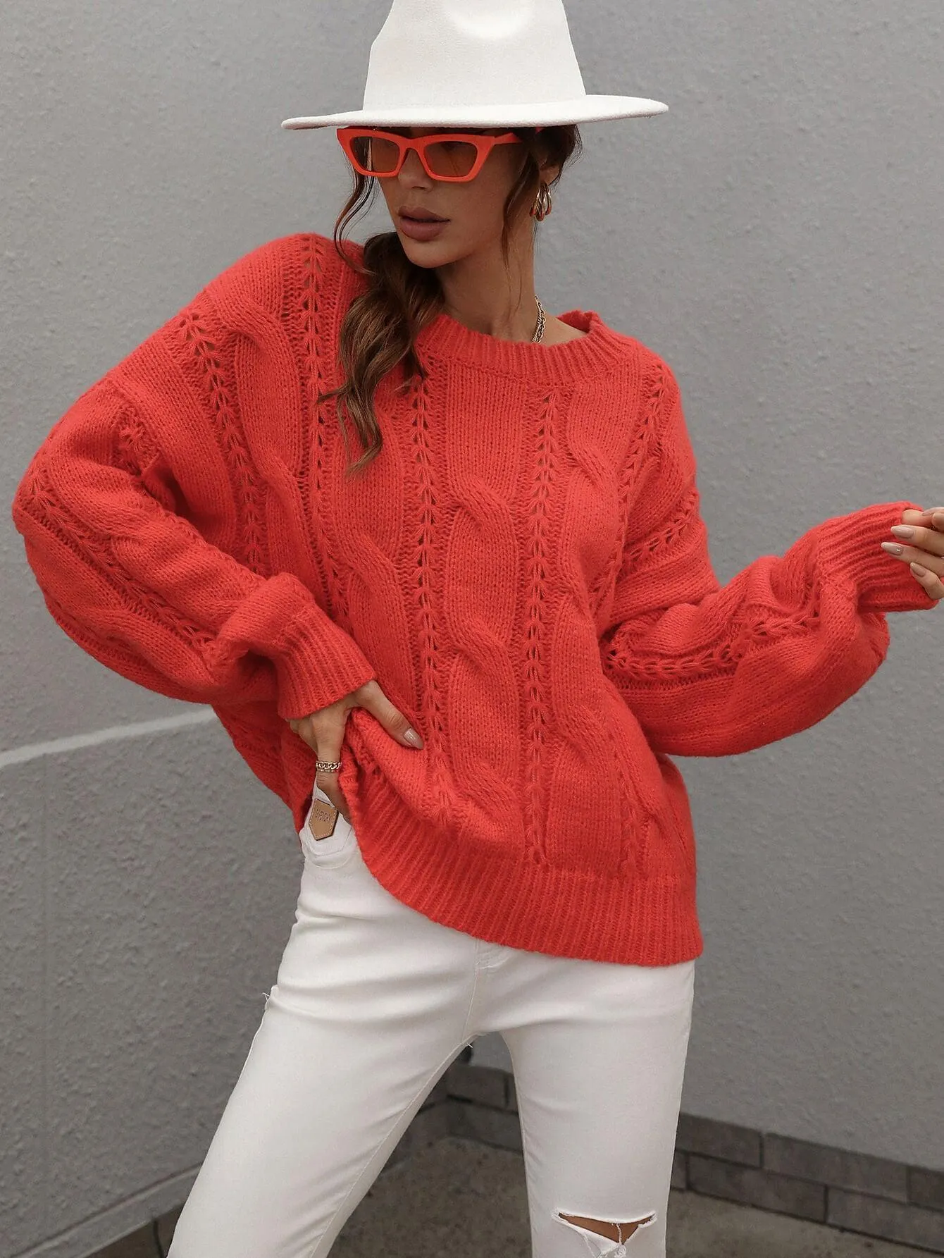 Warm Sophistication Crew Neck Cable Knit Sweater