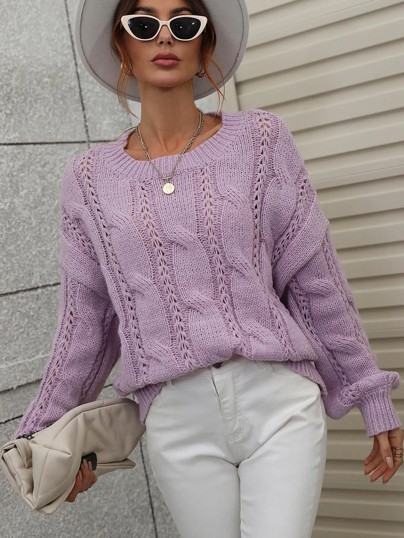 Warm Sophistication Crew Neck Cable Knit Sweater