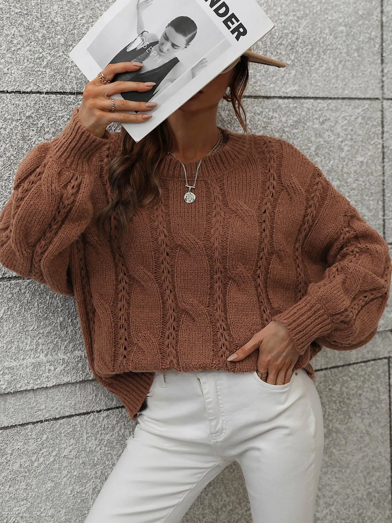 Warm Sophistication Crew Neck Cable Knit Sweater