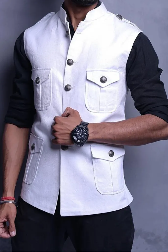White Colour Sleeveless Jackets & For Pocket Jackets Stylish Wedding & Party Wear Hunting Jacket