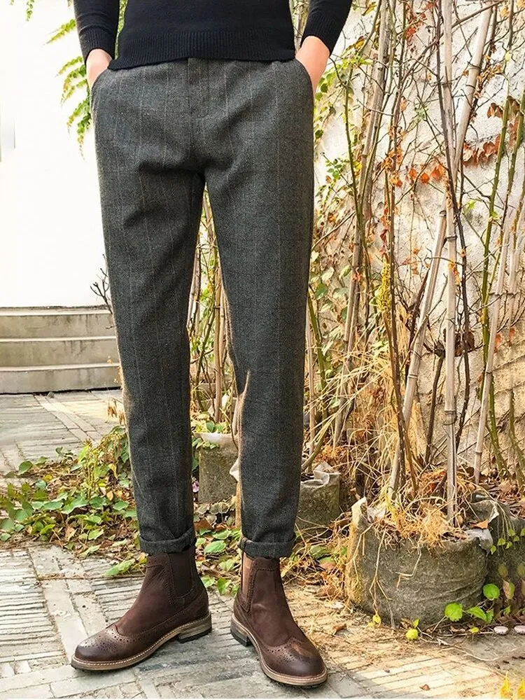 Wiaofellas Woolen Suit Trousers Men Clothing Autumn Winter New Thick Slim Vintage Striped Plaid material Tweed Casual Pants Vetements Homme