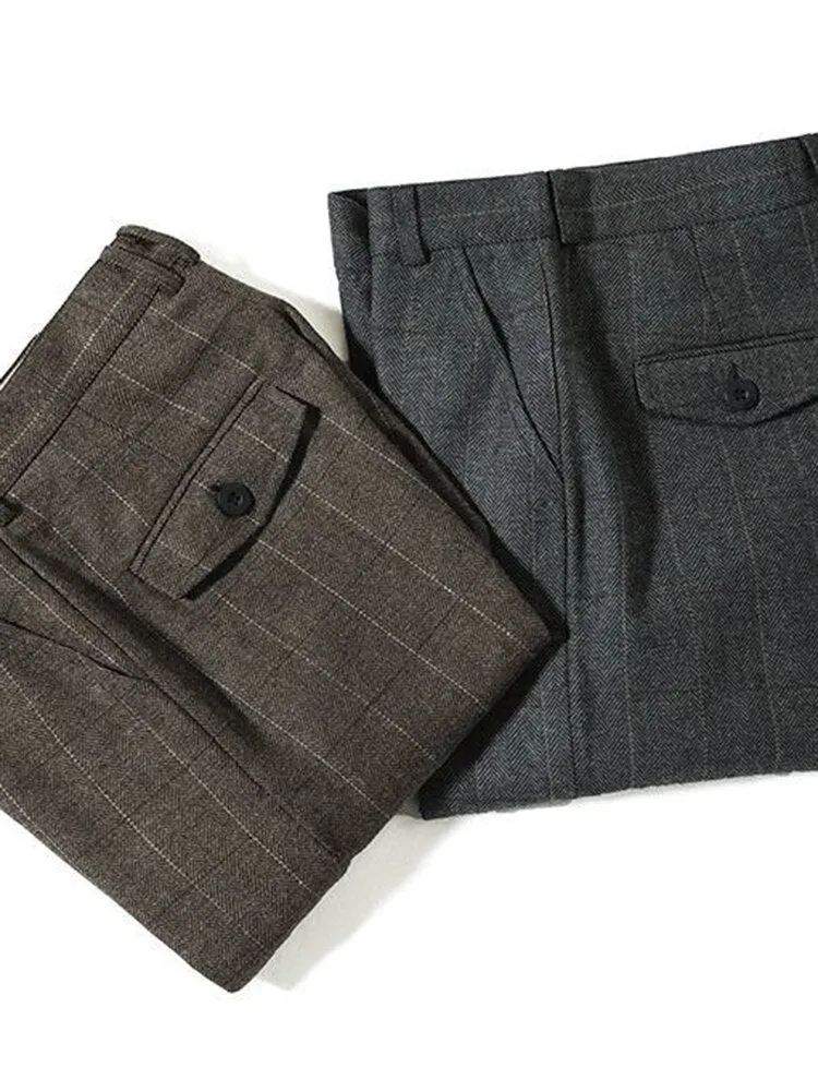 Wiaofellas Woolen Suit Trousers Men Clothing Autumn Winter New Thick Slim Vintage Striped Plaid material Tweed Casual Pants Vetements Homme