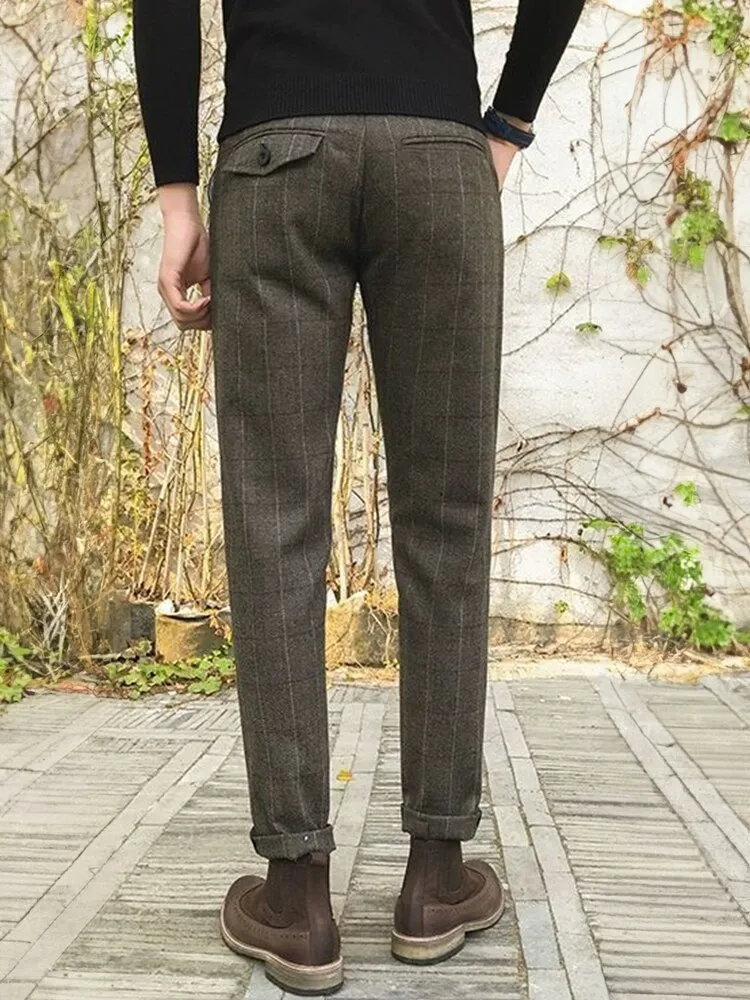 Wiaofellas Woolen Suit Trousers Men Clothing Autumn Winter New Thick Slim Vintage Striped Plaid material Tweed Casual Pants Vetements Homme
