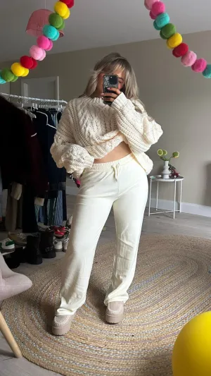 Wide Leg Ribbed Lounge Trousers - Cream