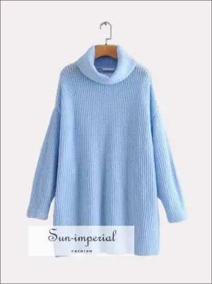 Women Light Blue Oversized Turtleneck Loose Pullovers Jumper Soft Warm Sweater
