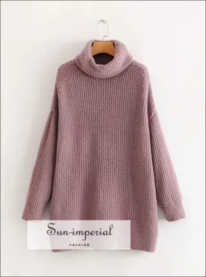 Women Light Purple Oversized Turtleneck Loose Pullovers Jumper Soft Warm Sweater
