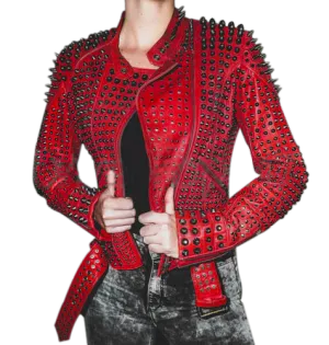 Women Motorcycle Punk Heavy Metal Spiked Tonal Black Studded Red Leather Jacke
