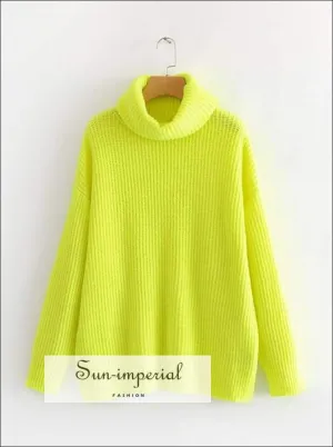 Women Neon Yellow Oversized Turtleneck Loose Pullovers Jumper Soft Warm Sweater