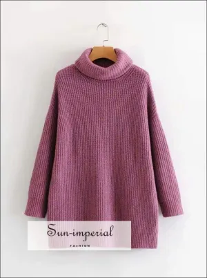 Women Purple Oversized Turtleneck Loose Pullovers Jumper Soft Warm Sweater