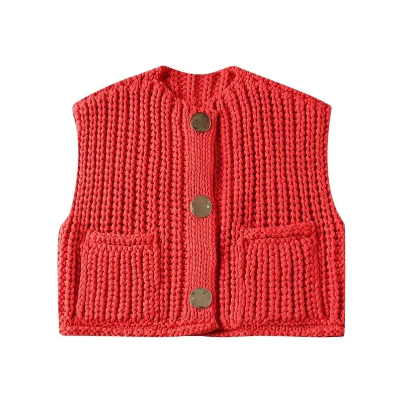 Women Red Knit Cropped Sleeveless Vest