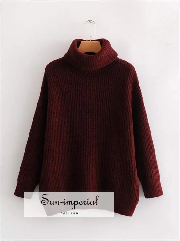 Women Red Oversized Turtleneck Loose Pullovers Jumper Soft Warm Sweater