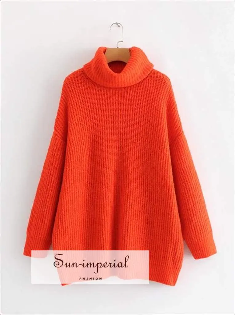Women Red Oversized Turtleneck Loose Pullovers Jumper Soft Warm Sweater