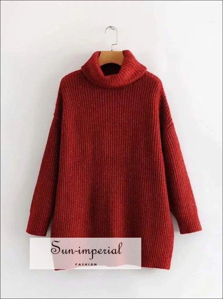 Women Red Oversized Turtleneck Loose Pullovers Jumper Soft Warm Sweater