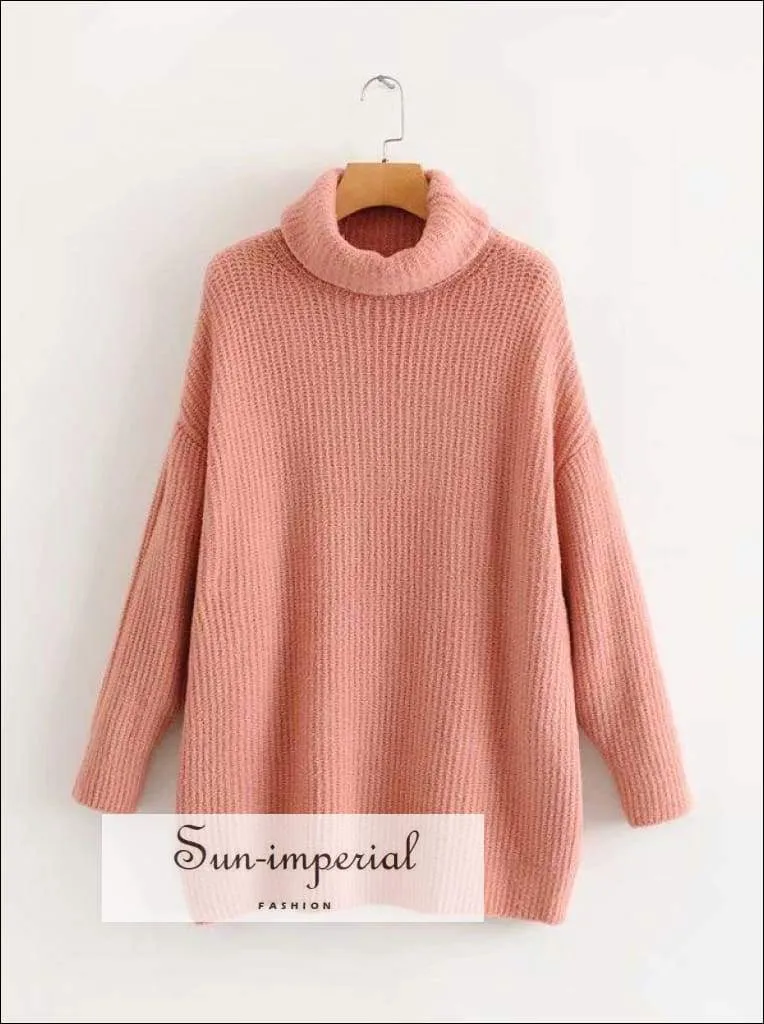 Women Red Oversized Turtleneck Loose Pullovers Jumper Soft Warm Sweater