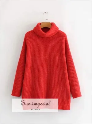 Women Red Oversized Turtleneck Loose Pullovers Jumper Soft Warm Sweater