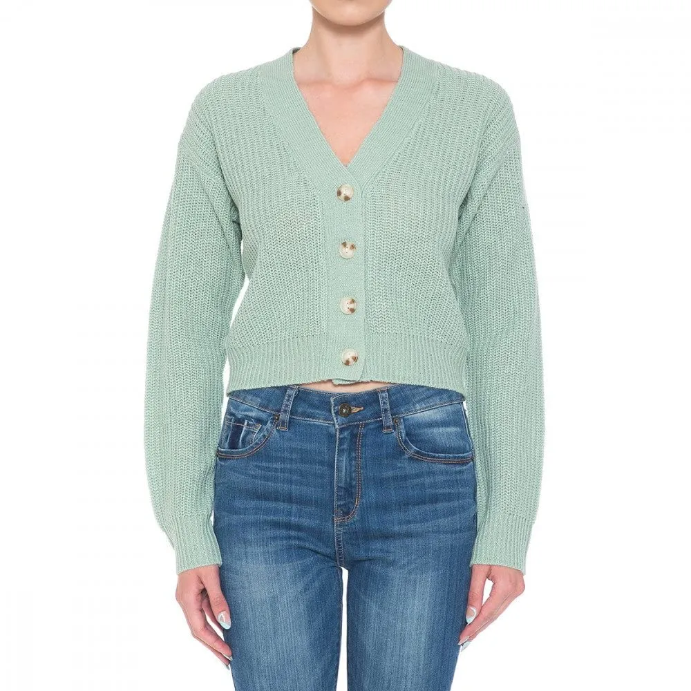 Women's Button Front V-Neck Long Sleeve Crop Cardigan Sweater