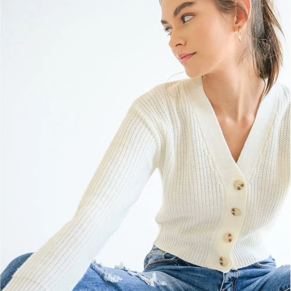 Women's Button Front V-Neck Long Sleeve Crop Cardigan Sweater