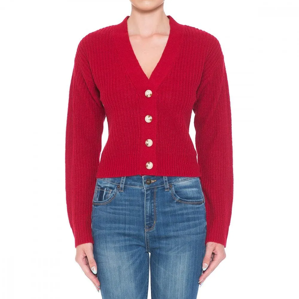 Women's Button Front V-Neck Long Sleeve Crop Cardigan Sweater