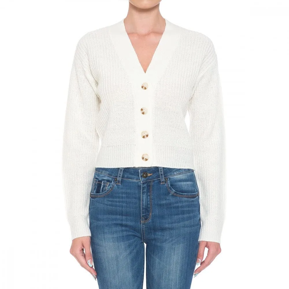 Women's Button Front V-Neck Long Sleeve Crop Cardigan Sweater
