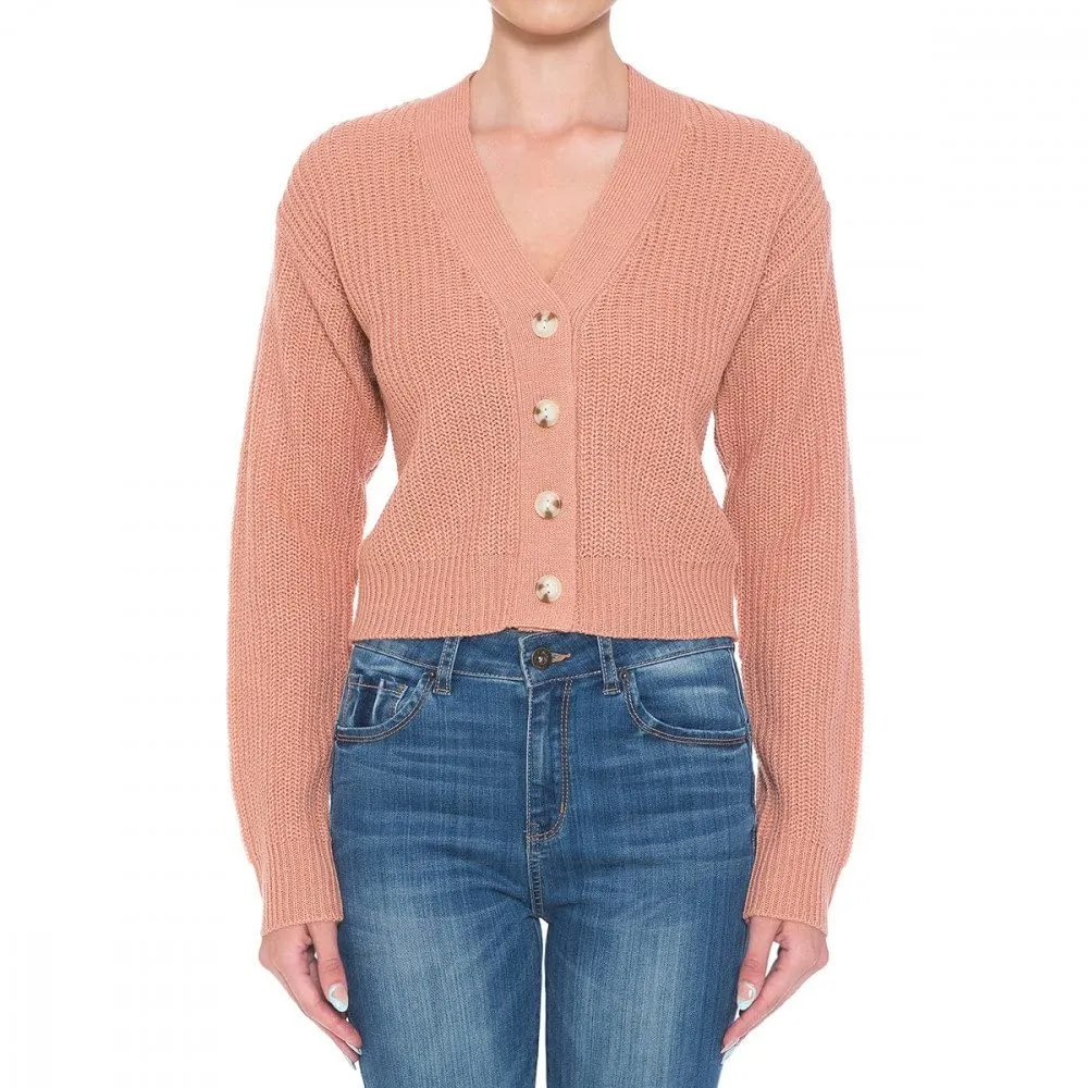 Women's Button Front V-Neck Long Sleeve Crop Cardigan Sweater